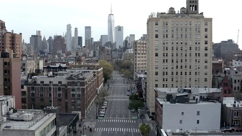 Empty New York City streets aerial Manhattan Freedom Tower coronavirus pandemic Stock Footage
