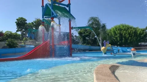 Empty nice water playground on sunny day playground for children in water park. Stock Footage 207653946