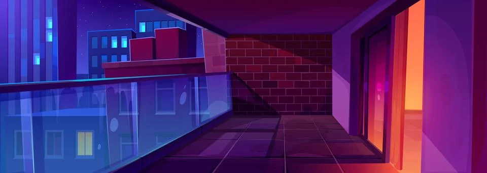 Empty night balcony interior with red brick wall Stock Illustration