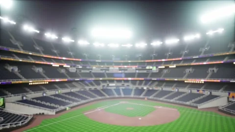 Empty night baseball and cricket arena in fog and illuminated by spotlights 3d Stock Footage 163724141