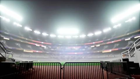 Empty night baseball and cricket arena in fog and illuminated by spotlights 3d Stock Footage 163724235