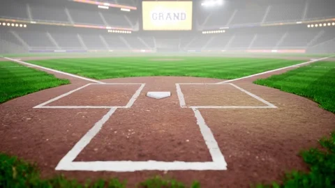 Empty night baseball and cricket arena in fog and illuminated by spotlights 3d Stock Footage 163724414