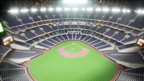 Empty night baseball and cricket arena in fog and illuminated by spotlights 3d Stock Footage 163724959