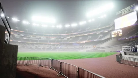 Empty night baseball and cricket arena in fog and illuminated by spotlights 3d Stock Footage 163725079