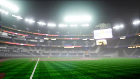 Empty night baseball and cricket arena in fog and illuminated by spotlights 3d Stock Footage 163725276