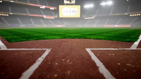 Empty night baseball and cricket arena in fog and illuminated by spotlights 3d Stock Footage 163725384