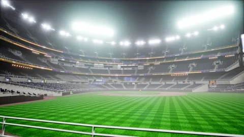 Empty night baseball and cricket arena in fog and illuminated by spotlights 3d Stock Footage 163725434