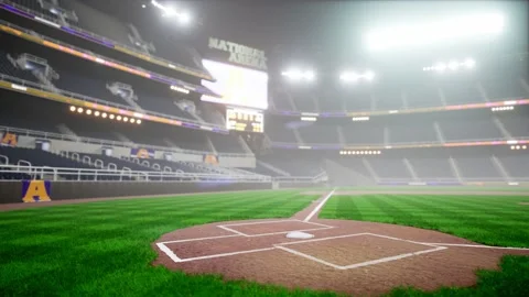 Empty night baseball and cricket arena in fog and illuminated by spotlights 3d Stock Footage 163725507