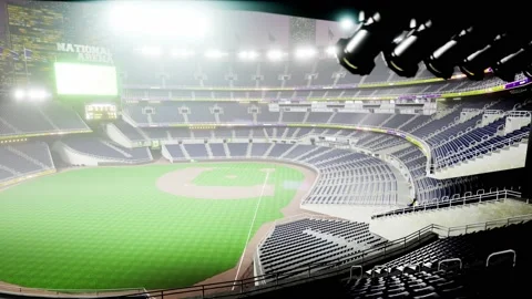 Empty night baseball and cricket arena in fog and illuminated by spotlights 3d Stock Footage 163725733