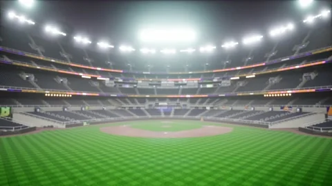 Empty night baseball and cricket arena in fog and illuminated by spotlights 3d Stock Footage 163725807