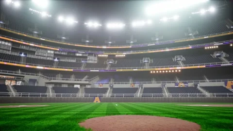 Empty night baseball and cricket arena in fog and illuminated by spotlights 3d Stock Footage 163725958
