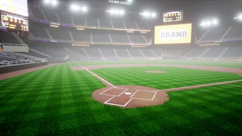 Empty night baseball and cricket arena in fog and illuminated by spotlights 3d Stock Footage 163726106