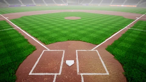 Empty night baseball and cricket arena in fog and illuminated by spotlights 3d Stock Footage 163726330