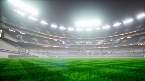 Empty night baseball and cricket arena in fog and illuminated by spotlights 3d Stock Footage 163726475