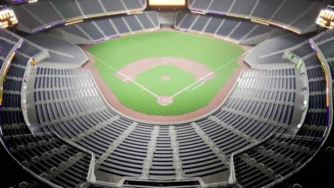 Empty night baseball and cricket arena in fog and illuminated by spotlights 3d Stock Footage 163726635
