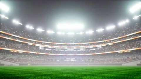Empty night baseball and cricket arena with fans in fog and illuminated by Video stock 164148133