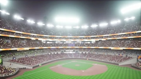 Empty night baseball and cricket arena with fans in fog and illuminated by Video stock 164148164