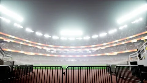 Empty night baseball and cricket arena with fans in fog and illuminated by Video stock 164148186