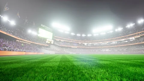 Empty night baseball and cricket arena with fans in fog and illuminated by Video stock 164148207