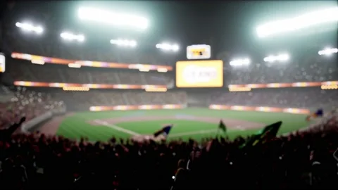 Empty night baseball and cricket arena with fans i illuminated by spotlights 3d Video stock 164148375