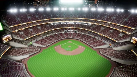 Empty night baseball and cricket arena with fans i illuminated by spotlights 3d Video stock 164148394