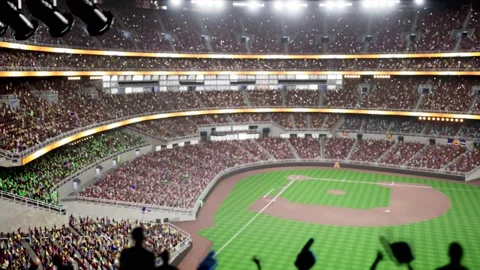 Empty night baseball and cricket arena with fans i illuminated by spotlights 3d Video stock 164148443
