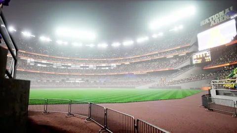 Empty night baseball and cricket arena with fans in fog and illuminated by Video stock 164148559