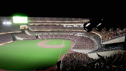 Empty night baseball and cricket arena with fans i illuminated by spotlights 3d Video stock 164148645