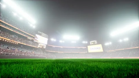 Empty night baseball and cricket arena with fans in fog and illuminated by Video stock 164148671