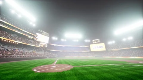 Empty night baseball and cricket arena with fans in fog and illuminated by Video stock 164148855