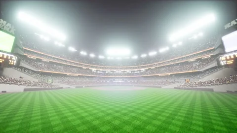 Empty night baseball and cricket arena with fans in fog and illuminated by Video stock 164148933