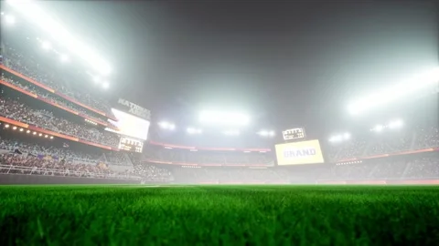 Empty night baseball and cricket arena with fans in fog and illuminated by Video stock 164149056