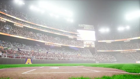 Empty night baseball and cricket arena with fans in fog and illuminated by Video stock 164149117