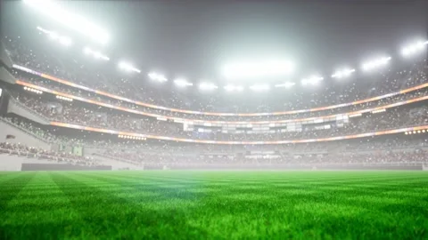 Empty night baseball and cricket arena with fans in fog and illuminated by Video stock 164149234