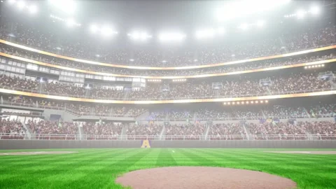 Empty night baseball and cricket arena with fans in fog and illuminated by Video stock 164149294