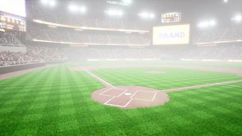 Empty night baseball and cricket arena with fans in fog and illuminated by Video stock 164149322