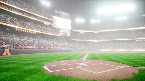 Empty night baseball and cricket arena with fans in fog and illuminated by Video stock 164149369