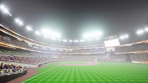 Empty night baseball and cricket arena with fans in fog and illuminated by Video stock 164149414