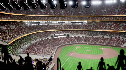 Empty night baseball and cricket arena with fans i illuminated by spotlights 3d Video stock 164149502