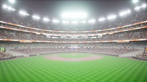 Empty night baseball and cricket arena with fans in fog and illuminated by Stock Footage 164149670