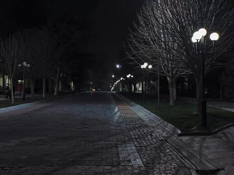 Empty night boulevard lined with globe streetlamps and bare trees in Samark.. Фото
