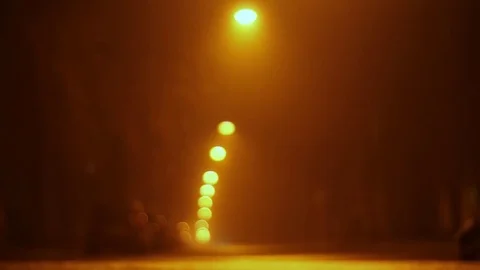 Empty night street in the defocus and fog. lanterns hang over the road,a woman Video stock 83610358