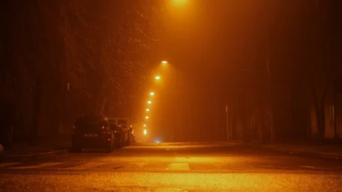 Empty night street in the defocus and fog. lanterns hang over the road,a woman Video stock 86772912