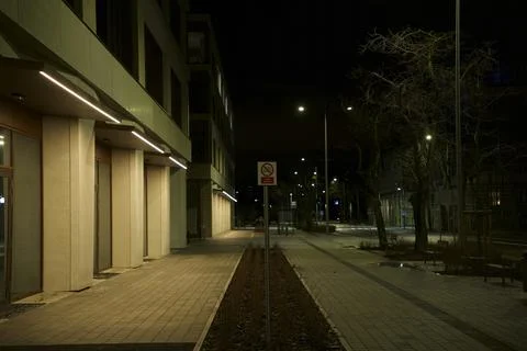 Empty nighttime walkway with a flowerbed Stock Photos