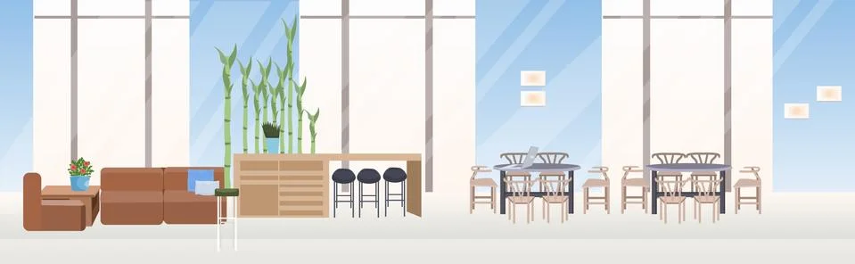 Empty no people cafe with creative co-working space area interior flat Stock Illustration