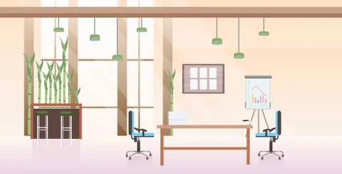 Empty no people co-working center cabinet modern workplace desk creative office Stock Illustration