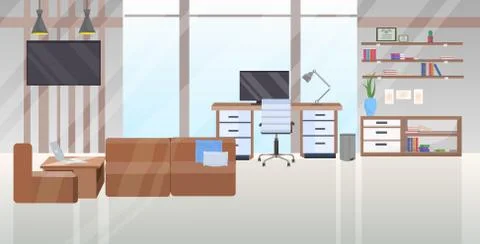 Empty no people contemporary workspace area with workplace desk and couch modern Ilustración de archivo