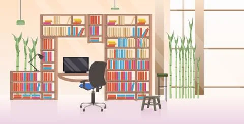Empty no people creative workplace modern office interior flat horizontal Stock Illustration