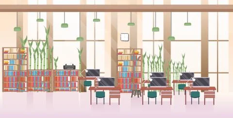 Empty no people open space creative co-working center modern workplace office Stockillustratie