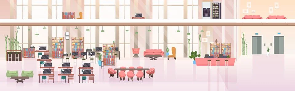 Empty no people open space creative co-working center modern workplace office Stock Illustration
